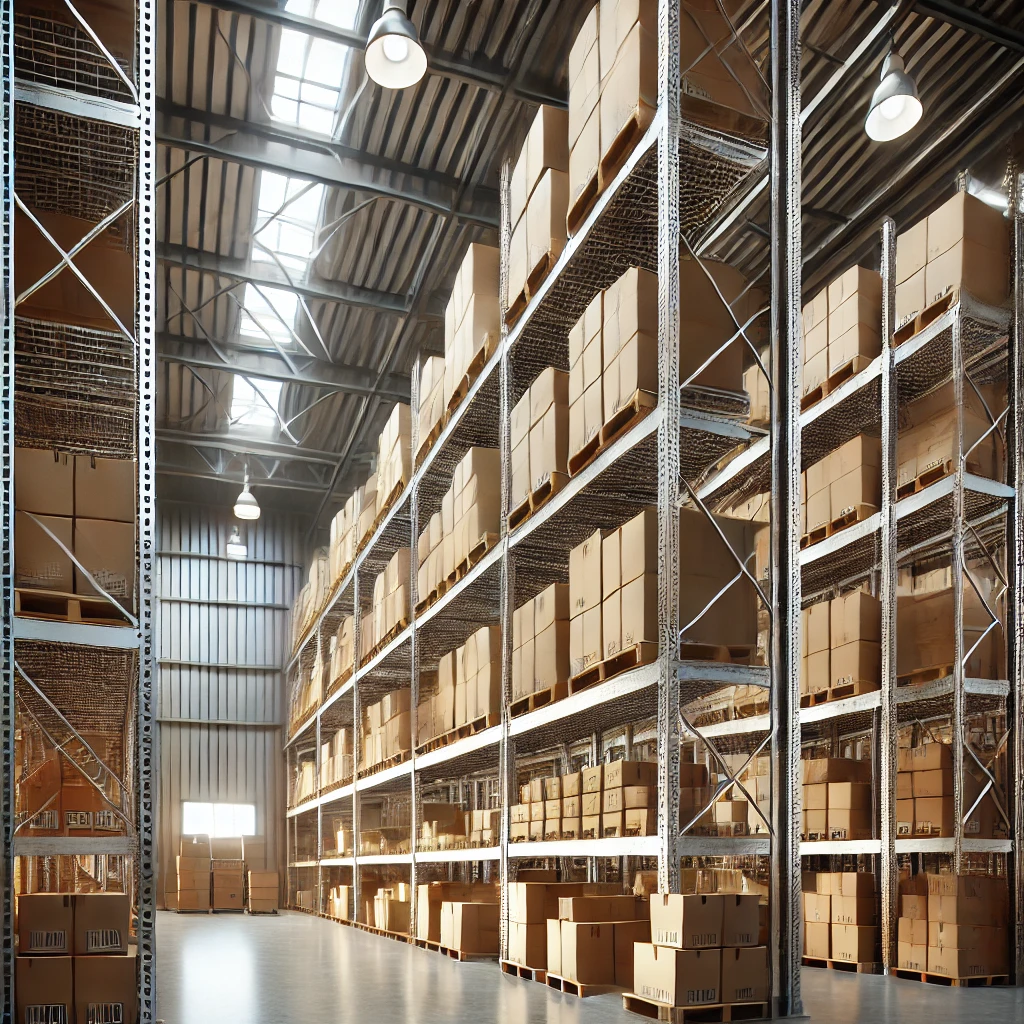 "The image shows the interior of a modern warehouse with neatly organized metal racks holding brown cardboard boxes and industrial storage items. The spacious warehouse is well-lit with bright ceiling lights, providing even illumination. The high ceiling and clearly visible support columns reflect a professional and orderly industrial environment."