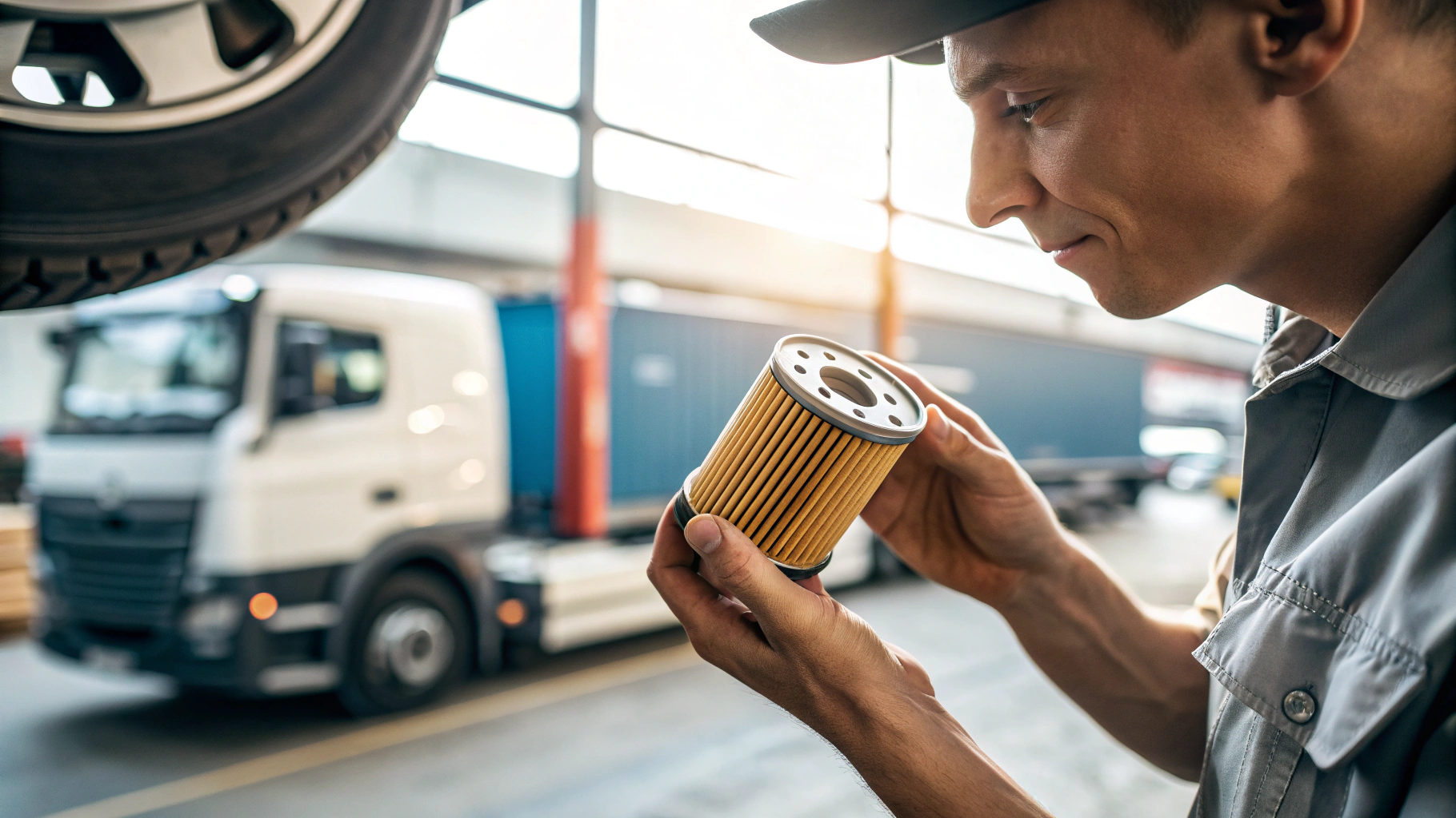 Man inspecting truck oil filter in workshop