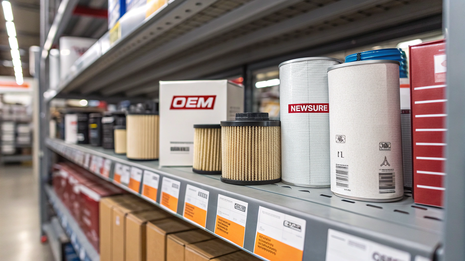OEM and aftermarket truck filters on display