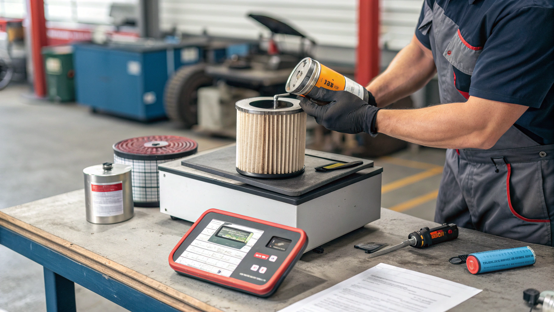 Mechanic cutting open truck filter for testing