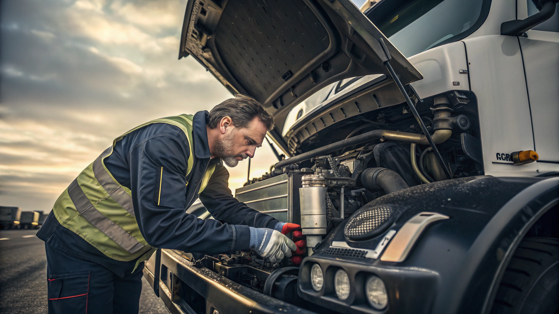 Diesel truck engine inspection, mechanic checks fuel filter