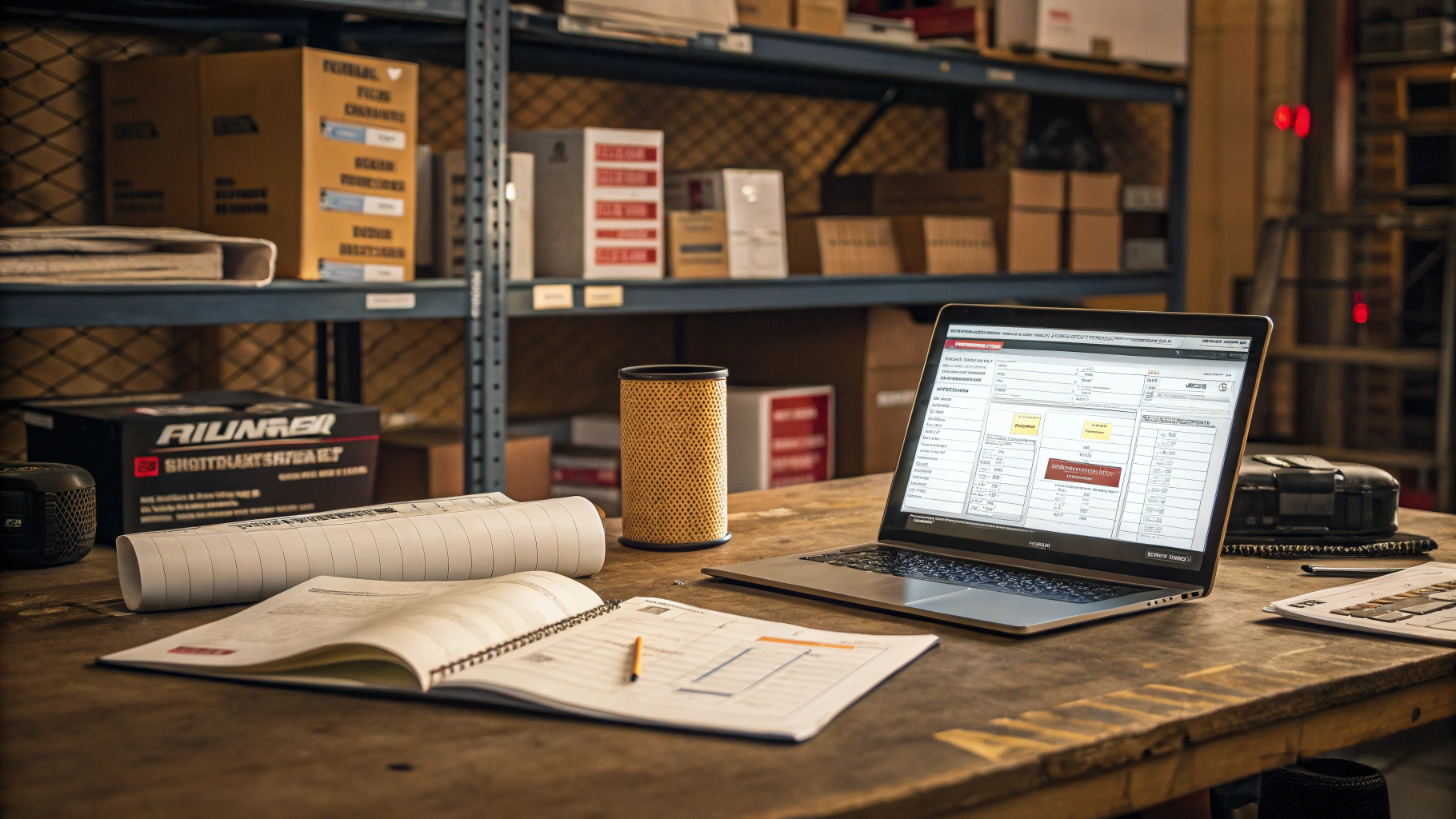 Workshop desk with filter catalogs and cross-reference tools