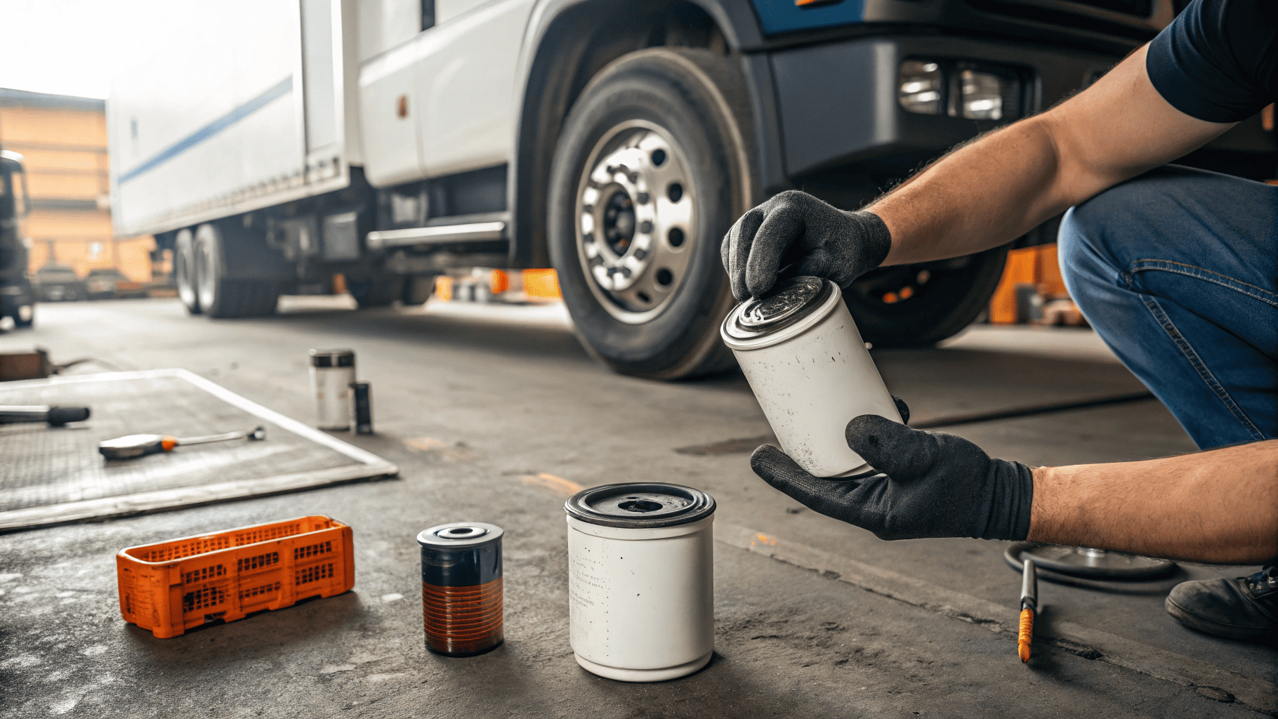 Mechanic comparing used and new truck oil filters in workshop
