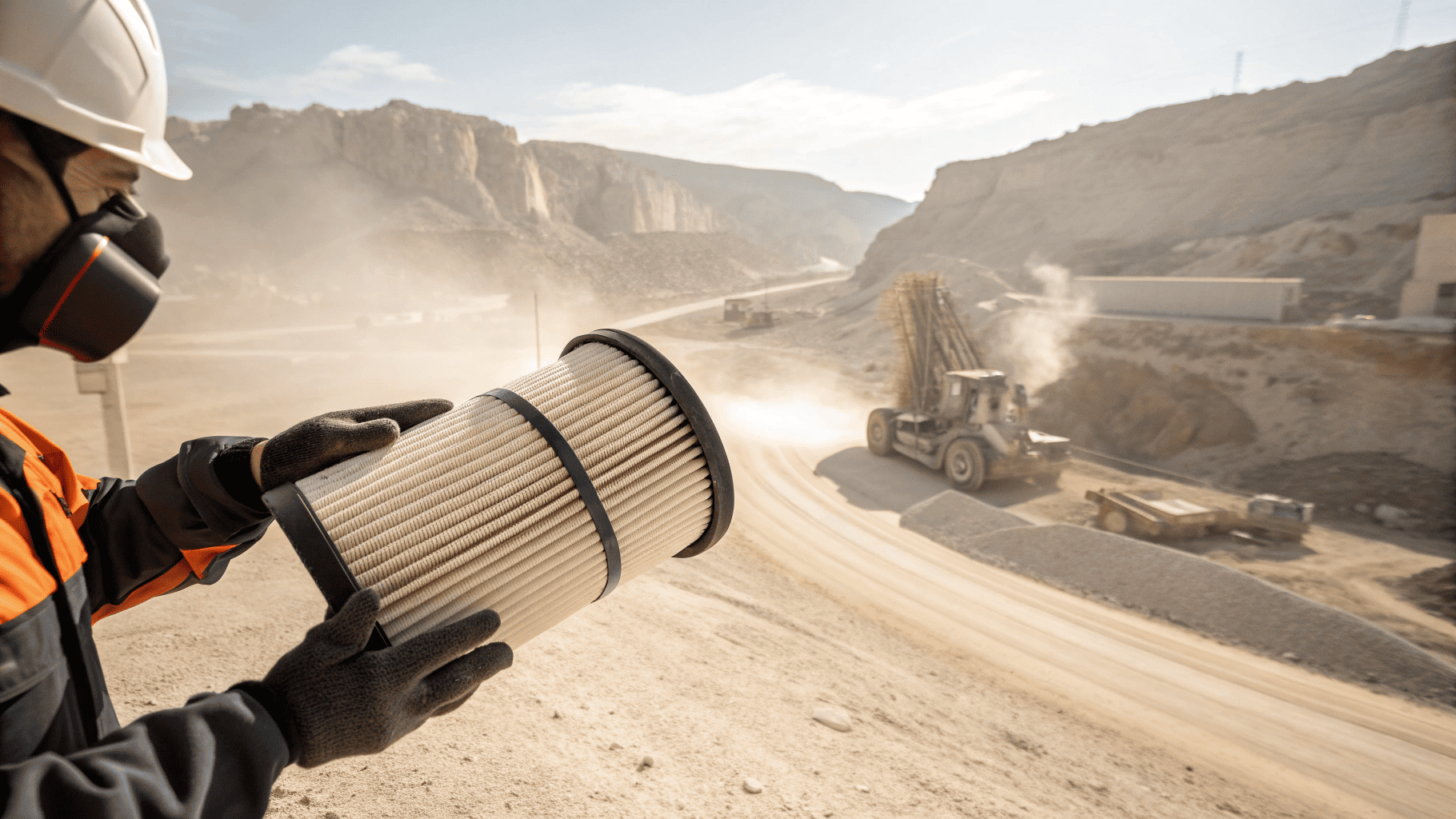 Mechanic inspecting engine air filter outdoors