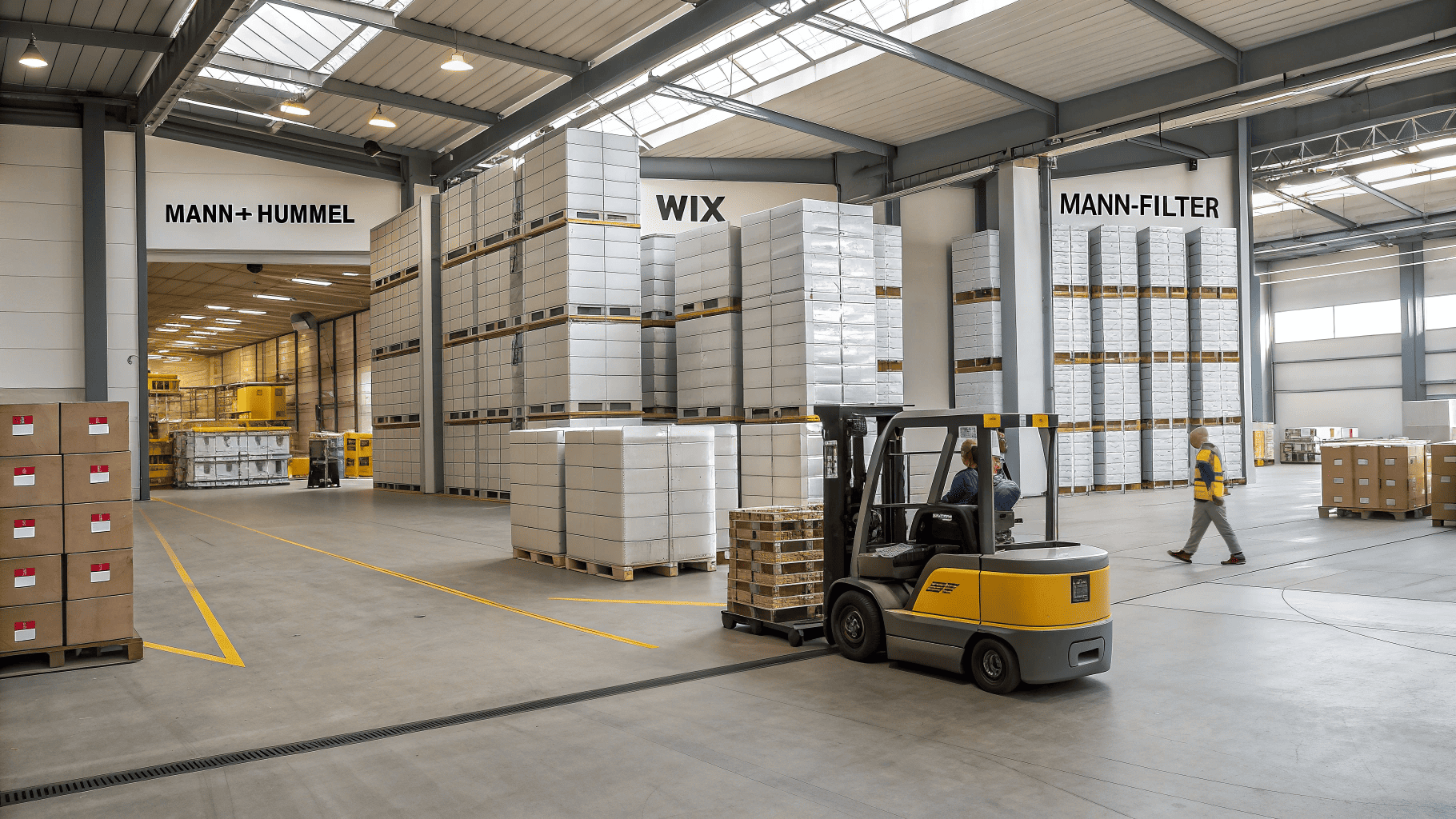 Large truck filter warehouse with forklift